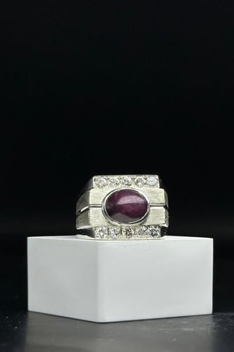 خاتم فضة رجالي 925 مع الماس بحجر ياقوت نجمي بوزن 1...