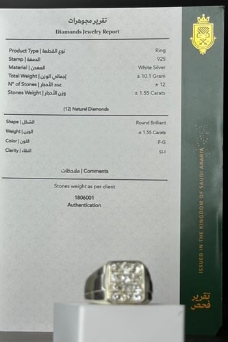 خاتم فضة رجالي 925 مرصع الماس تصميم مربع بوزن 10.1...