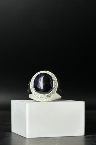 خاتم فضة رجالي 925مع الماس بحجر زفير بوزن 9.78 جرا...