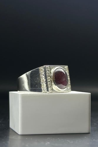 خاتم فضة رجالي 925 مرصع الماس مع حجر ياقوت نجمي بو...