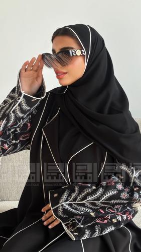 عباية عيد سوداء مطرزة دبل كلوش بأكمام ملونة أنيقة-...