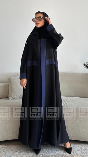 عباية سوداء نصف كلوش كحلي بياقة جاكيت بقماش بارد-...