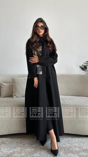 عباية كلوش سوداء باردة بتداخل جاكار بني- 1473
