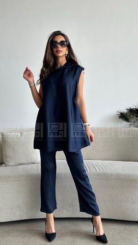 طقم تحت العباية حريري كحلي أنيق ومريح- 3118