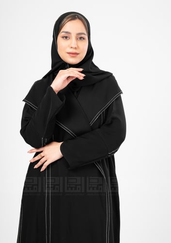 عباية سوداء بتطريز أبيض بتصميم أنيق وعصري- 1377