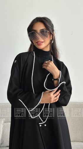عباية عيد سوداء مطرزة باللؤلؤ بتصميم فستان متصل- 1...
