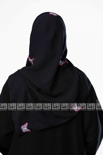 طرحة سوداء بتطريز فراشات وردية 3040