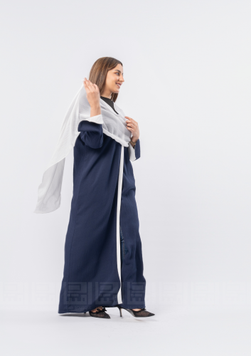 عباية كحلية بشال أبيض أنيقة بتصميم عصري- 1146