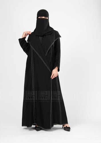 عباية سوداء بتطريز أبيض بتصميم أنيق وعصري- 1377