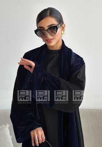 عباية شتوية كحلية متعددة الأقمشة بتصميم A Line ومخ...