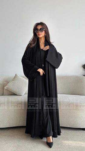 عباية كلوش سوداء صيفية أنيقة بقماش بودرة- 1321