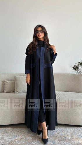 عباية سوداء نصف كلوش كحلي بياقة جاكيت بقماش بارد-...