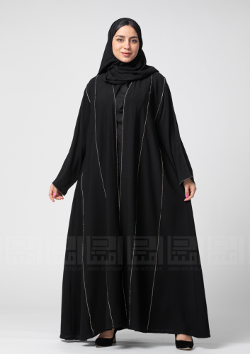 عباية سوداء كلوش بقيطان كرستالية باللون الفضي-1323