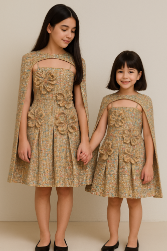 فستان انيق من قطعتين من التويد الذهبي مزين بورد ان...