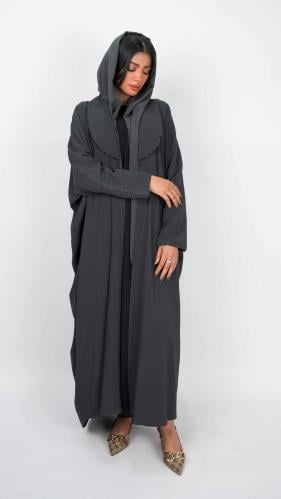 Gray abaya, Beshat with embroidery on the collar and sleeves