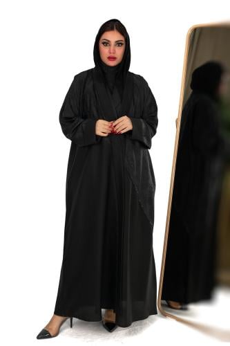 Black abaya with jacquard embroidery and crystals
