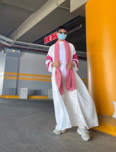 كريب بحريني بأكمام لنن هندي وردي