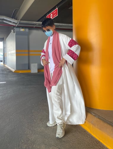 كريب بحريني بأكمام لنن هندي وردي