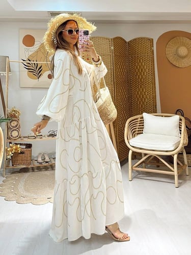 فستان قطن بتطريز ذهبي