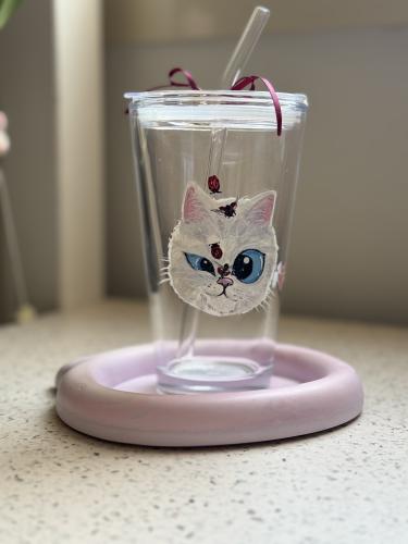 كاسة زجاجية رسم يدوي مع مصاص زجاج و غطى