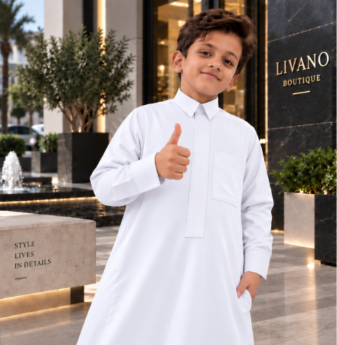 ثوب اطفال ابيض ياقة قلاب تطريز ملكي موديل L107