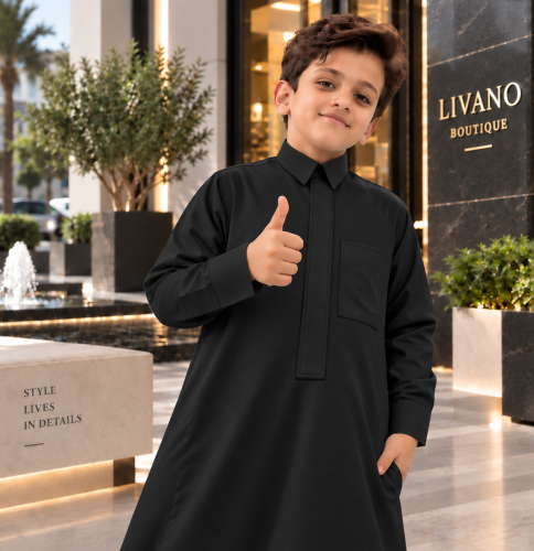 ثوب اطفال اسود ياقة قلاب تطريز ملكي موديل L109