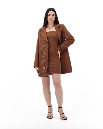 طقم فستان وجاكيت لون بني