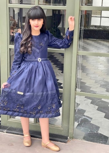 فستان كحلي مطرز بالخرز الفاخر _فستان اطفال