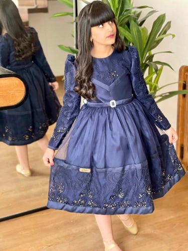 فستان كحلي مطرز بالخرز الفاخر _فستان اطفال