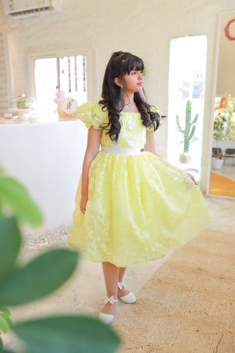 فستان جوري ليموني مزين بالورد الأبيض _ فستان اطفال