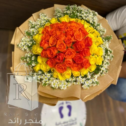 بوكيه جوري برتقالي واصفر كبير