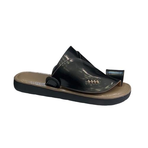 نعل شرقي رجالي أسود جلد بتفاصيل بيج – أرضية وسط