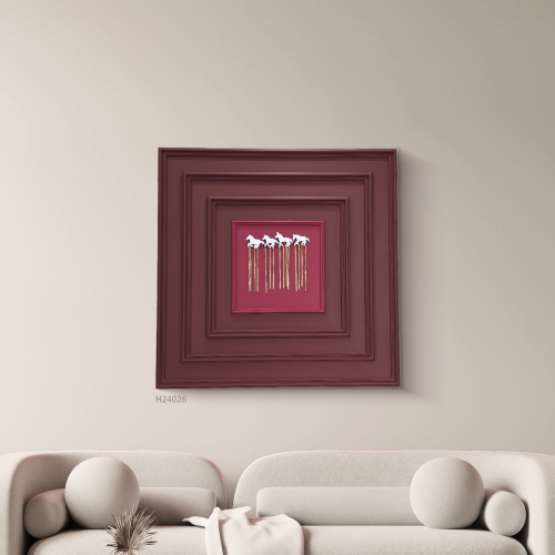 لوحة جدارية خشبية باللون الاحمر بإطارات متعددة وخي...