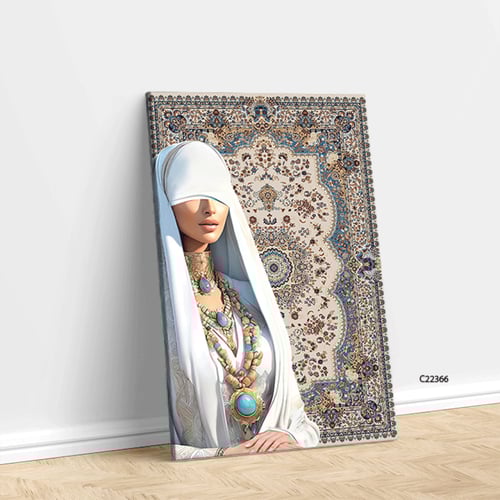 لوحة جدارية كانفس فتاة بخلفية نقوش سجاد تدرجات ازر...