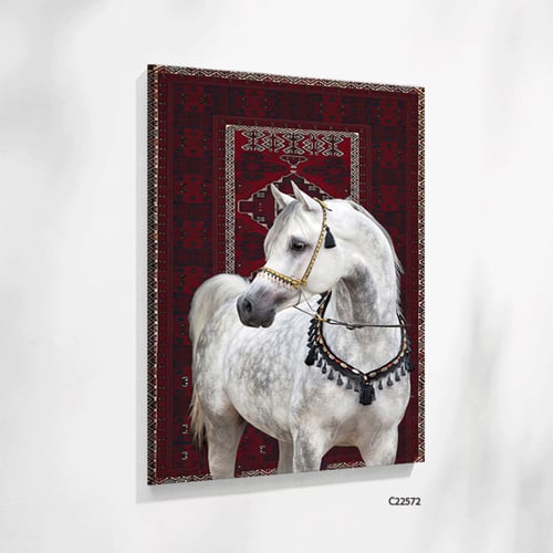 لوحة جدارية كانفس خيل عربي ابيض خلفية سجاد