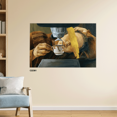 لوحة جدارية كانفس فتاة ريفية وفنجان تدرجات البني و...