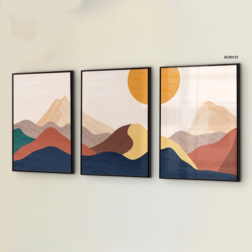 مجموعه من 3 لوحات جدارية اكريليك بتصميم جبال وشمس