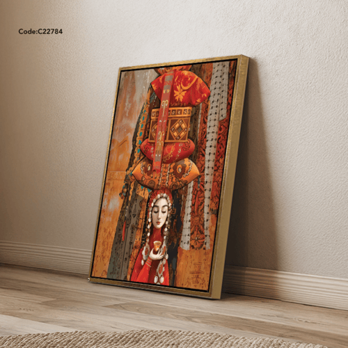 لوحة جدارية بتصميم لفتاة وزخارف تقليدية