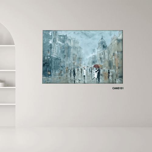 لوحة جدارية كانفس شارع وأشخاص تدرجات الأزرق السماو...