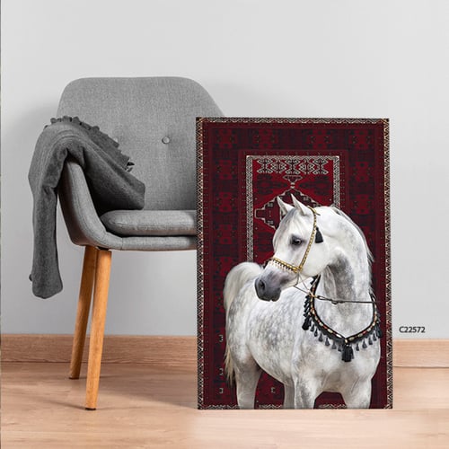 لوحة جدارية كانفس خيل عربي ابيض خلفية سجاد
