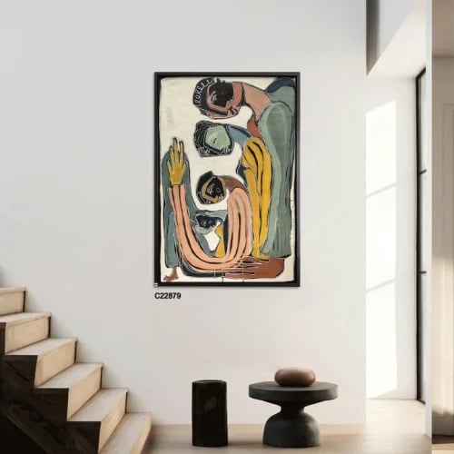 A canvas mural with a surreal, expressionist design depicting the intertwining of four figures with flowing lines.