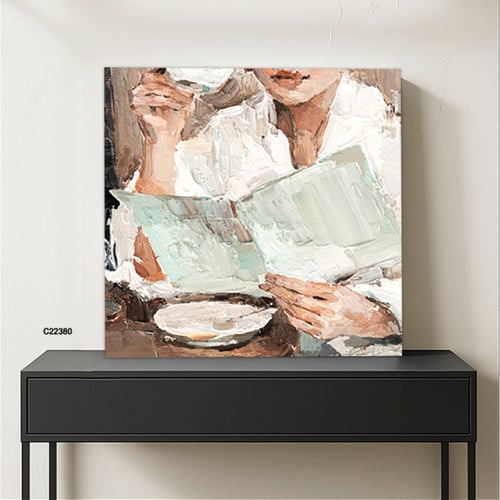 لوحة جدارية كانفس ،فتاة تقرأ وفنجان قهوة تدرجات ال...