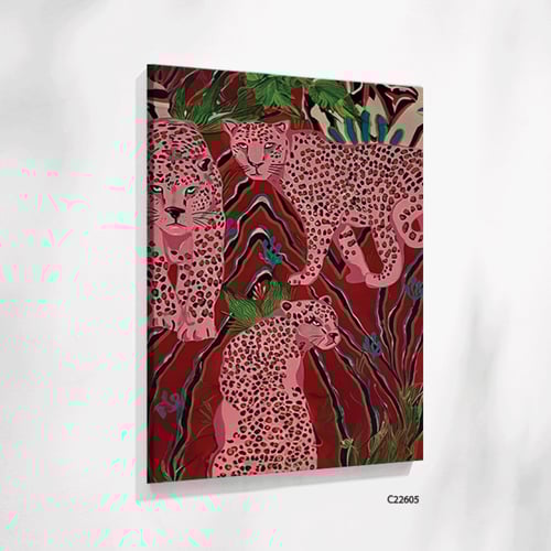 لوحة جدارية كانفس تصور فهود بتدرجات الوردي و الاحم...