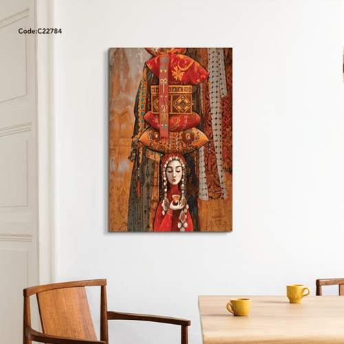 لوحة جدارية بتصميم لفتاة وزخارف تقليدية