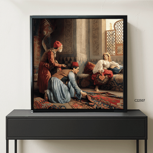 لوحة جدارية تصور بائع وسيدة في العصور الاسلامية ال...