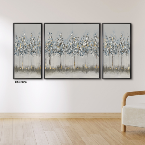 لوحة جدارية كانفس مقسمة أشجار تدرجات الرمادي والبن...