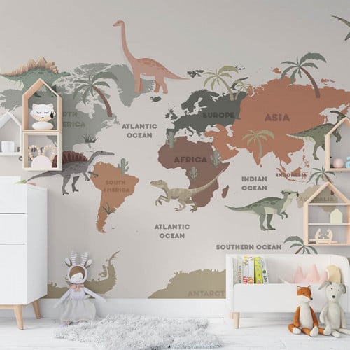 ورق حائط ، خريطة وقارات وحيوانات - تدرجات البني وا...