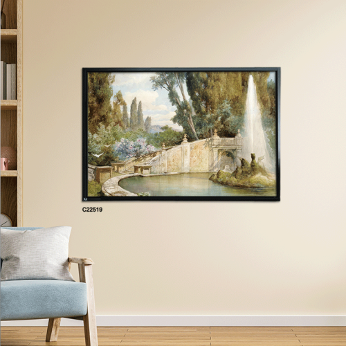 لوحة جدارية تصور جزءاً من حديقة تدرجات الاخضر والب...