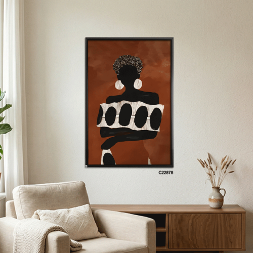 A modern canvas wall art piece depicting the silhouette of an African woman wearing wide hoop earrings and a traditional patterned...