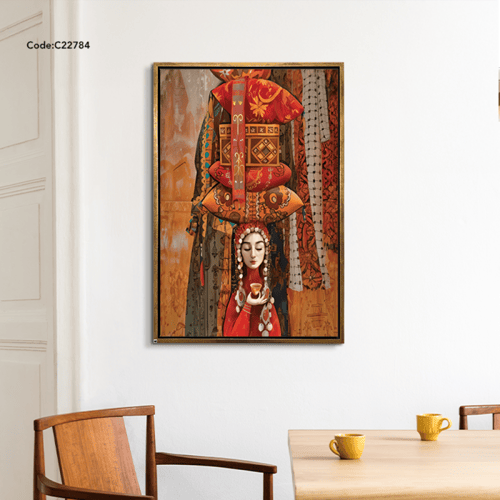 لوحة جدارية بتصميم لفتاة وزخارف تقليدية